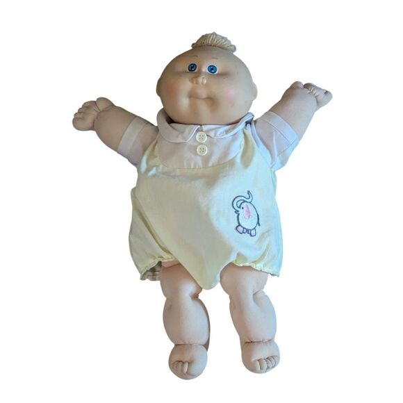 Vintage 1982 Coleco Cabbage Patch Kids Bald Baby Doll Yellow Outfit Elephant - Picture 1 of 5